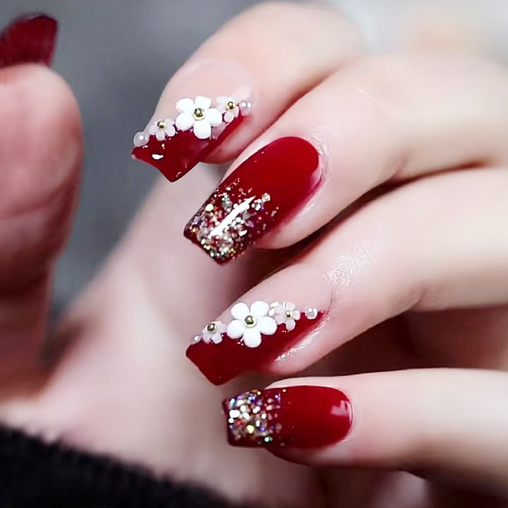 24pcs Glossy Red Press on Nail - Pressed Flower Art recension och pris