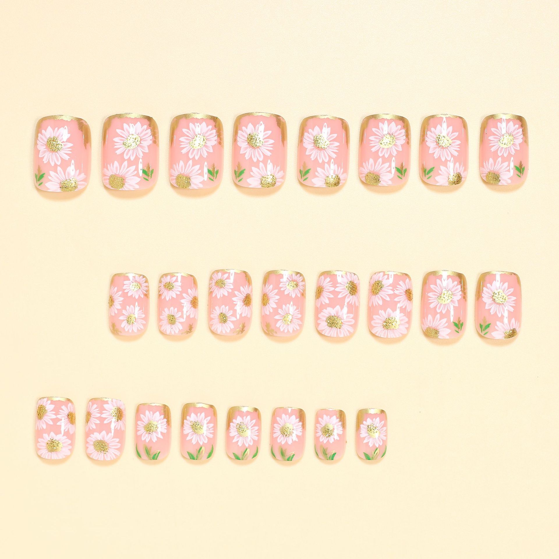 Short Square Fake Nails Golden - Pressed Flower Art recension och pris