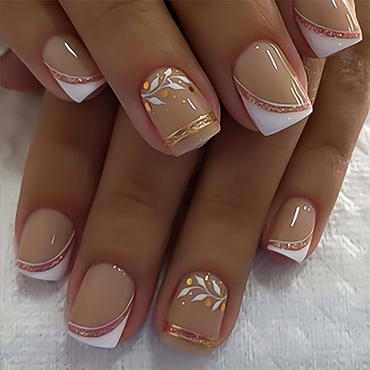 Short Square Fake Nails Golden - Pressed Flower Art recension och pris